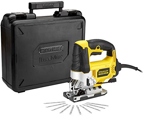 Stanley FATMAX - Sega a filo da 710 W, cambio di lama, senza attrezzi, attacco a U o T, taglio molto veloce, manico gommato, fascio LED, con scatola di trasporto + 10 lame per sega FME340KA