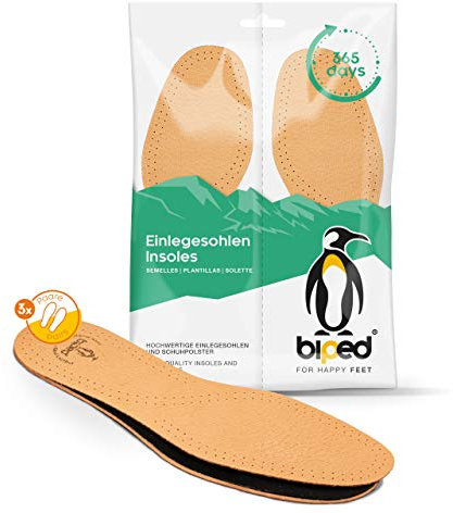 biped 3 Paar Premium Leder Schuheinlagen mit Aktivkohle - Sohlen gegen Schweißfüße - Weiche Leder Einlegesohlen Herren und Damen z1724(46-47)