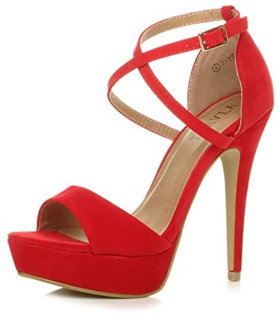 Ajvani Womens Ladies Platform high Heel Peeptoe Cross Over Strappy Shoes, Red Suede, 6 UK