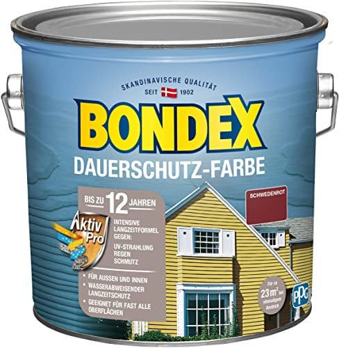Bondex Dauerschutz Farbe Schwedenrot 2,5 L für 22,5 m² | Hervorragende Farbstabilität | Wetter- und UV-Schutz - bis zu 12 Jahre | Seidenglänzend | Dauerschutzfarbe | Holzfarbe