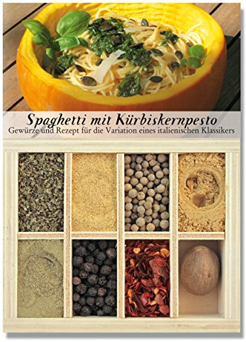 Spaghetti mit Kürbiskernpesto – 8 Gewürze Set für die Variation des italienischen Klassikers (47g) – in einem schönen Holzkästchen – mit Rezept und Einkaufsliste – Geschenkidee für Feinschmecker von Feuer & Glas