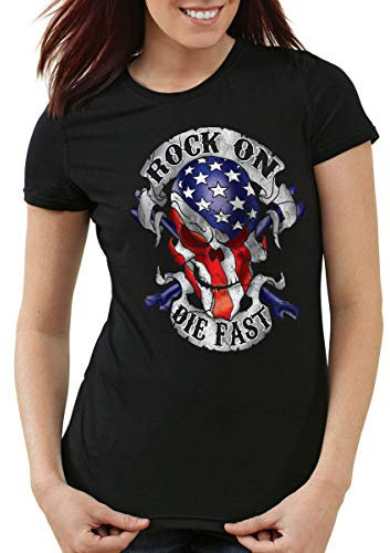 style3 USA Rocker Skull Damen T-Shirt Biker US Flagge Totenkopf, Farbe:Schwarz, Größe:L