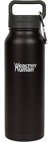 Healthy Human Water Bottle - Cold 24 Hours, Hot 12 Hours. Vacuum Insulated Stainless Steel Double Walled Thermos Flask with Carabiner & Hydro Guide - Pure Black - 620 ml / 21oz