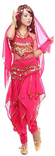 Best Dance, Bauchtanz-Kostüm-Set, 4-teilig, mit Oberteil, Hose, Hüftschal, Schleier und mit Münzen