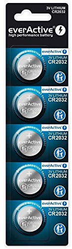 everActive CR2032 3 V, 5 batterie al litio a bottone, batteria più potente, durata di 10 anni, 5 pezzi, 1 blister