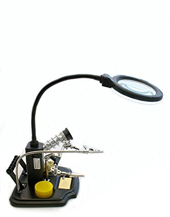 edi-tronic LED Tischlupenleuchte Lupe mit Zubehör Dritte Hand Metallschwamm Kolophonium Set Metallschwamm Lötkolbenhalterung Schwanenhals Zubehör