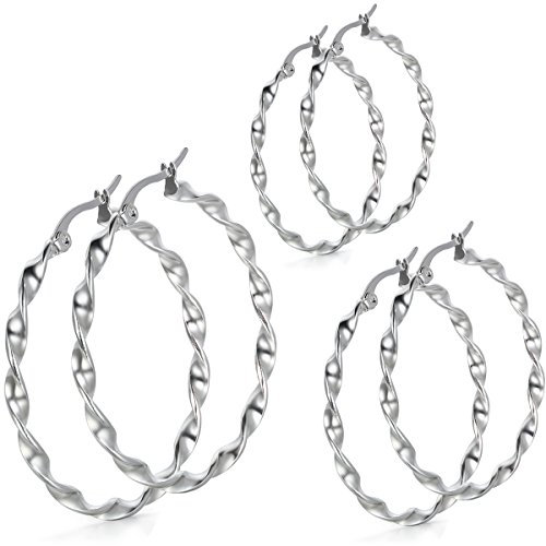 JewelryWe Schmuck 3 Paare Damen Ohrringe Set, Edelstahl große verdreht Kreis Creolen Ohrstecker Ohrhänger Geschenke für Frauen Mädchen, Silber 30 35 40mm