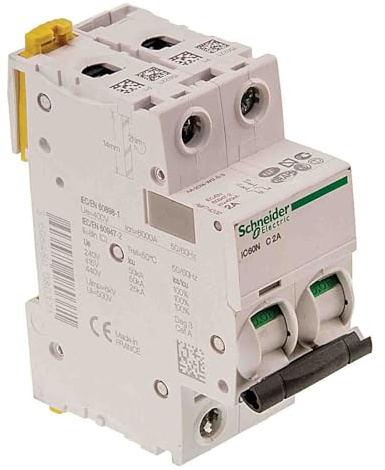 Schneider A9F74201 iC60N 2P 1A C MCB Miniature Circuit Breaker, White, Set of 6 Piece