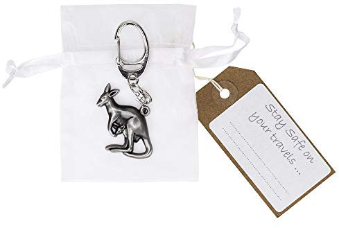 Kangaroo metal keyring with 'Travel Safely' message