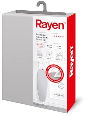 Rayen | Housse pour table à repasser | 4 épaisseurs: mousse, molleton, tissu 100 % coton et aluminium | Housse à revêtement en aluminium | Gamme Premium | 130x47 cm | Gris clair