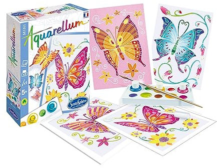 SentoSphère - AQUARELLUM MINI - PAPILLONS 4 PLANCHES - Kit peinture - Peinture Aquarellable Magique - A partir de 5 ans - fabriqué en France, Ensemble de 8 pièces, Multicouleur