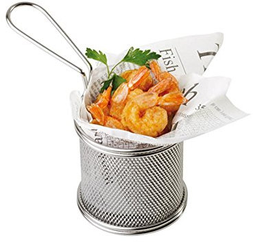 APS Servier-Edelstahl-Frittierkorb, Miniatur Frittierkorb für Pommes, Zwiebelringe etc., Snack-Korb, aus Edelstahl Ø 9 cm, H: 8,5 cm, Griff 9 cm