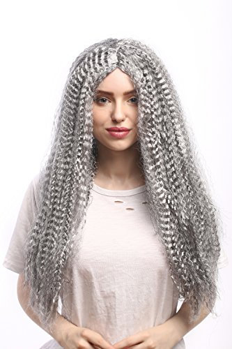 WIG ME UP - 86625-P103/309 Perücke Damen Fasching Karneval Grau Schwarz Lang Mittelscheitel gekreppte Locken Hexe Vampirin Alter Hippie c. 60 cm
