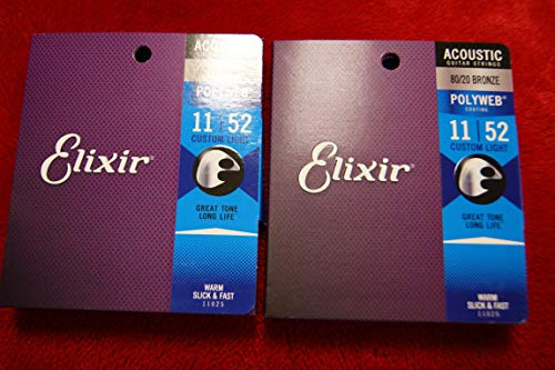 Elixir Polyweb 11025 acoustic guitar strings 11-52 custom light long life coated (2 PACKS)