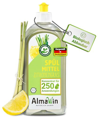 AlmaWin® Spülmittel Bio mit Zitronengras-Duft – 500ml Spüli – Kraftvolles Geschirrspülmittel flüssig mit hoher Fettlösekraft – Vegan Dish Soap – Ergiebiges Konzentrat