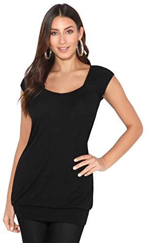 Damen Sommer T-Shirt Kurzarmshirt V-Ausschnitt Bluse Tunika Oberteil Top, Schwarz, 36, 7604-BLK-08