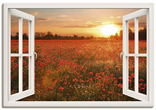 ARTLAND Wanddeko Leinwand Bilder Wandbild Fensterblick Fenster Natur Botanik Blumen Mohnblumen Sonnenuntergang T5ZO