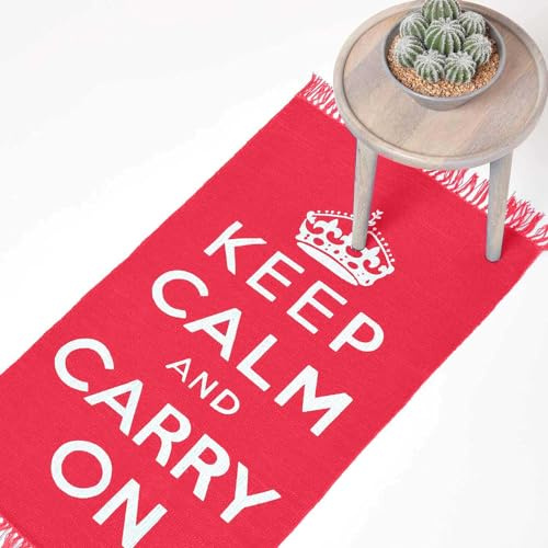 HOMESCAPES Rugs For Bedroom, Handwoven 'Keep Calm and Carry On' Nostalgic Red & White Living Room Area Rug, Ultra Soft 100% Cotton Carpet, Hand Block Printed - 60 x 100 cm
