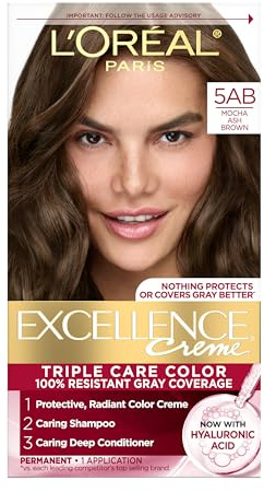 L'Oreal Paris Excellence Crème Permanent Hair Dye, Triple Care Hair Color with Hyaluronic Acid for 100% Gray Coverage, 5AB Mocha Ash Brown, 1 Kit (Packaging May Vary)