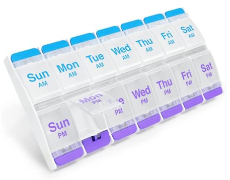 EZY DOSE Push Button (7-Day) Pill Case, Medicine Planner, Daily Vitamin Organizer, 2 Times a Day AM/PM, X-Large Compartments, Arthritis Friendly, Easy to use, Clear Lids, Purple and Blue, BPA Free