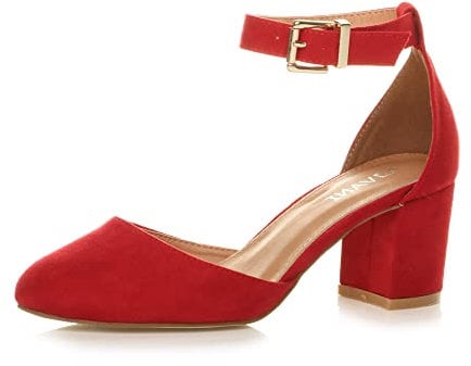 Ajvani Womens Ladies Low mid Block Heel Ankle Strap Court Shoes Sandals, Red Suede, 5 UK