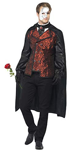 Smiffys Dark Opera Masquerade Costume, Black with Cape, Mock Shirt, Mask, Gloves & Faux Rose, Halloween Carnival of The Damn Fancy Dress, Vampire Dress Up Costumes