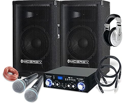 McGrey DJ Karaoke Komplettset PA Anlage Party-1000 (Lautsprecher, 2 x 300 Watt, Bluetooth-Endstufe, Verstärker, Lautsprecherkabel, Kopfhörer, Mikrofon, Klemme, Reduziergewinde, Etui, Mikrofonkabel)