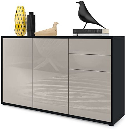 Vladon Sideboard Ben V3, Kommode mit 3 Türen und 2 Schubladen, Schwarz matt/Sandgrau Hochglanz (117 x 74 x 36 cm)