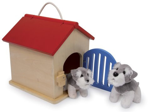 small foot Company 6115 solide Hundehütte aus Holz mit Zwei weichen Hundebabys, inkl. Fressnapf, Kamm, Knochen Spielzeug