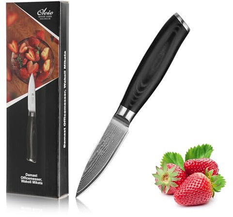 Wakoli Mikata Damastmesser – 8 cm Klinge aus 67 Lagen Damaststahl mit VG10-Kern, Micarta Griff, Profi Officemesser & Gemüse Messer