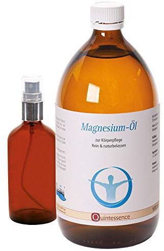 Quintessence Zechstein Magnesiumöl 1000ml mit Zubehör Glasflasche - Veganes, naturbelassenes Massageöl & Körperpflege Öl original aus dem Zechsteiner Meer, Auch für Fußbäder geeignet
