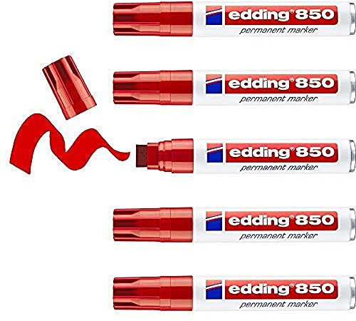 edding 850 Permanent Marker - red - 5 pens - Chisel tip 5-15 mm - for Bold Markings - Waterproof, Quick-Drying, Smear-Proof pens - for Cardboard, Plastic, Glass, Wood, Metal and Fabric