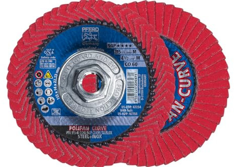 PFERD Polifan®-Curve Fächerscheibe, radial, 11,4 cm x 1,6 cm Gewinde, 60er-Körnung, Keramikoxid, Schweißzubehör und Winkelschleifer-Aufsatz, für Stahl und Edelstahl (INOX), 1 Stück, Teil 67258