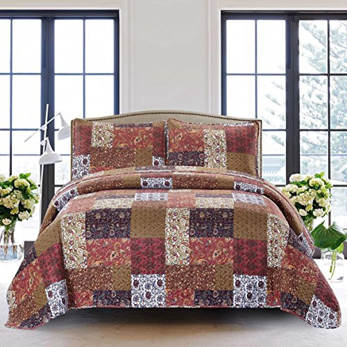 SLPR Red Riches 2-teiliges Bettwäsche-Set – Doppelbett mit 1 Kissenbezug, Herbst-Patchwork-Design, rot getönte, leichte Gesteppte Tagesdecke, Herbst-inspirierte Landhaus-Bettwäsche