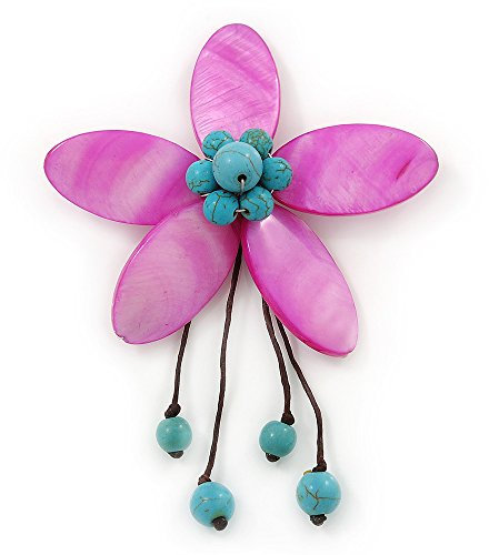 Fait à la main Fuchsia Shell – Broche en forme de fleur avec perle Turquoise – 95 mm Longueur