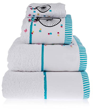 Homescapes 100% Ägyptische Baumwolle Flauschiges Premium Frottee Handtuch Set weiß 3tlg Vintage Stick Motiv Hochrad