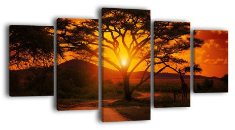 wandmotiv24 Leinwandbild Afrika Sonnenuntergang LW56 Wandbild, Bild auf Leinwand, 5 Teile, 210 x 100 cm, Kunstdruck Canvas, XXL Bilder, Keilrahmenbild, fertig aufgespannt, Bild, Holzrahmen