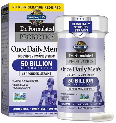 Garden of Life Probiotics for Men, Dr Formulated 50 Billion CFU 15 Probiotics for Digestive Health + Organic Prebiotic Fiber, Colon & Immune Support, Daily Gas Relief, Shelf Stable, 30 Capsules