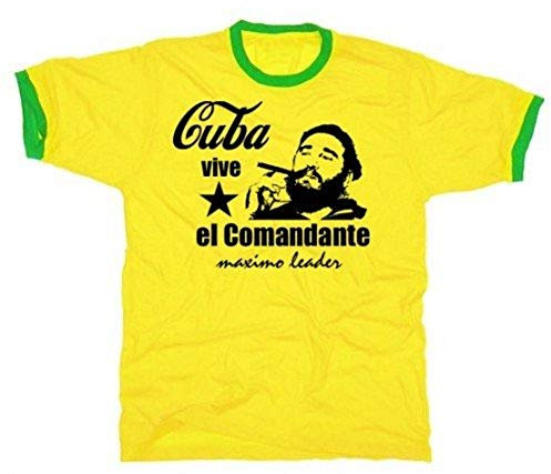 Coole Fun T-Shirts Fidel Castro EL Comandante Vive Cuba Tshirt Ringer Kuba, gelb/grün, Grösse: M