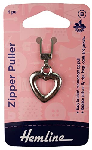 Hemline Metal Zipper Puller – Silver Heart Style Easy-to-Attach Accessory for Effortless Zipper Opening and Closing – Durable and Convenient Solution for Dresses, Jackets and Garments.