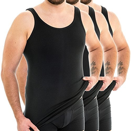 HERMKO 3007 3-Pack Extra-Long (Approx. 10 cm+) Men's Tank top Vest in 100% bio-Cotton, Size:Medium, Colour:Black