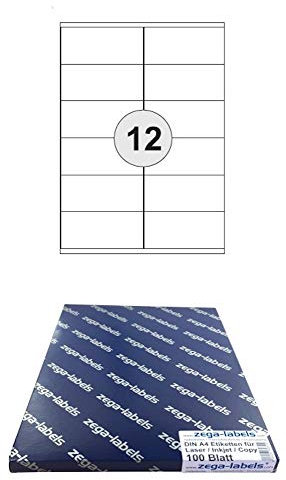 1.200 Etiketten 105 x 48 mm selbstklebend auf DIN A4 Bögen (2x6 Etiketten) - 100 Blatt Pack - Universell für Laser/Inkjet/Kopierer einsetzbar - 105x48mm 12-teilig