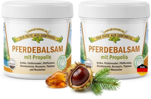 Pferdebalsam mit Propolis 2x200 ml Kräuterbalsam Aloe Vera Avocadoöl | 2er Set mit Arnika, Rosskastanie, Krauseminze, Aloe Vera und Avocadoöl – zieht schnell ein, fettet nicht