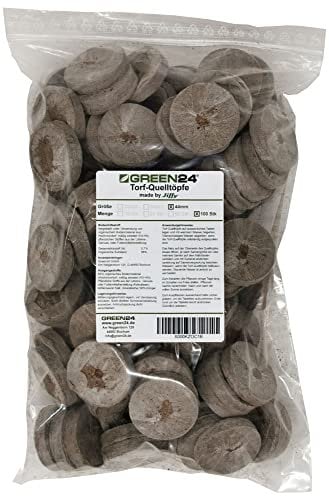 GREEN24 100 Stück Torf-Quelltöpfe Ø44mm Made by Jiffy® Torf Quell-Tabletten Aussaaterde Anzuchterde Torftablette mit Anleitung