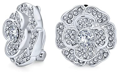 Elegant Bridal Cubic Zirconia Pave CZ 3D Flower Rose Clip On Earrings For Women Mother Wedding Prom Formal Party Non Pierced Ears Silver Plated