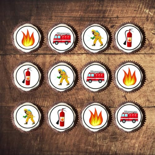 48 Fire Engine, Fireman, Feuerwehrauto, Feuerwehrauto, Essbare PREMIUM Dicke GEZUCKERTE Vanille, Reispapier Mini Cupcake Toppers, Cake Pops, Cookies für Wafer