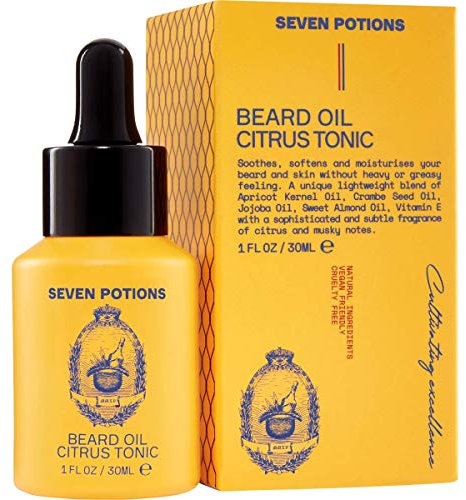 Seven Potions Premium-Bartöl für Männer - Jojobaöl-Bartweichmacher zur Pflege von Haut, Haar und gegen Bartjucken - rein natürlich, vegan, frei von Tierquälerei – Citrus Tonic