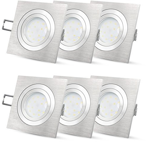 SSC-LUXon 6 Stück LED Decken Einbaustrahler Set flach & dimmbar - 4W Einbauleuchte QF-2 eckig Alu gebürstet für Deckeneinbau nur 30mm Einbautiefe