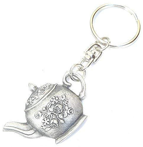 Emblems-Gifts Teapot Handcrafted From English Pewter Key Ring + 59mm button badge + gift bag