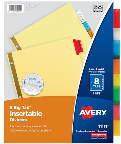 Avery Insertable Dividers for 3 Ring Binders, 8 Tabs per Set, Multicolor Big Tabs, Buff Paper with Gold-Reinforced Holes, Great for Organizing Reports, Projects, and More (11111)